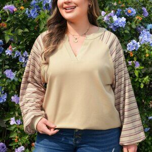 Plus Size Stripe Patchwork Raglan Sleeve Top